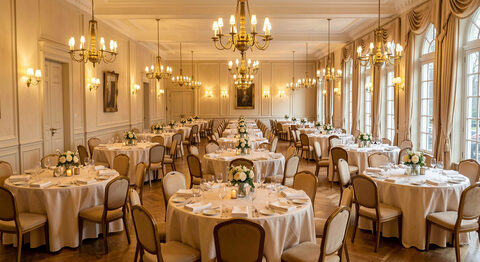 A long banquet room set for a dinner with rows of round tables in ivory linen under brass chandeliers, tall windows on one wall.